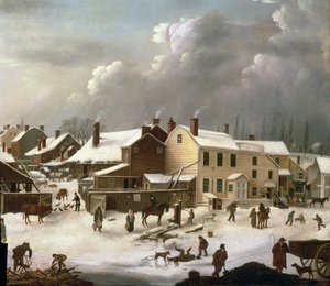Winters tafereel in Brooklyn, detail van een straat en het postkantoor, c.1817-20 (detail) door Francis Guy
