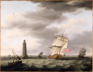 Een oorlogsschip passeert de Eddystone vuurtoren, ca. 1773