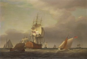 Een zeelandschap met oorlogsschepen en kleine vaartuigen door Francis Holman