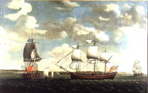 Portret van een Oost-Indiëvaarder in drie posities bij Portsmouth door Francis Holman