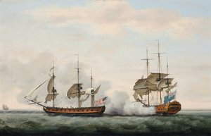 Het schip Bridgewater van de Oost-Indische Compagnie verdedigt met succes haar lading tegen een aanval door de Amerikaanse kaper Hampden op weg van St. Helena naar Engeland op 8 maart 1779