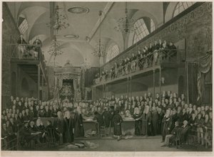 Interieur van het Hogerhuis, Westminster, Londen, tijdens het belangrijke onderzoek in 1820 door Francis Phillip Stephanoff