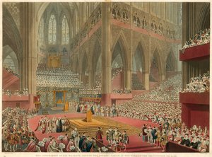 De kroning van Zijne Majesteit George IV, genomen op het moment van de erkenning, 19 juli 1821 door Francis Phillip Stephanoff
