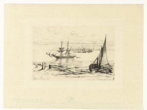 Een schip voor anker door Francis Seymour Haden (Sir) (signed by artist)