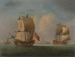 Een Engelse sloep en een fregat in een lichte bries
