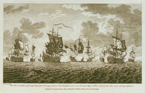 Twaalf Prenten van Zeegevechten. De Glorieuze Actie bij Kaap Francois 21 oktober 1757, tussen de Engelsen en zeven Franse oorlogsschepen waarbij de laatsten volledig werden verslagen. door Francis Swaine