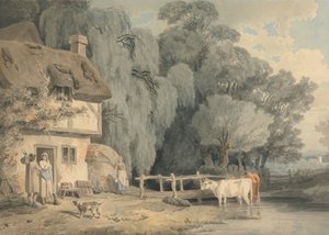 Plattelandstafereel: figuren bij een huisdeur en vee in een stroom door Francis Wheatley