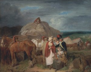 Soldaat met Plattelandsvrouwen die Linten Verkopen, nabij een Militair Kamp
