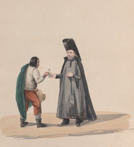 Een kanunnik die een kruisbeeld aan een man overhandigt, uit een groep tekeningen van Peruaanse kostuums door Francisco