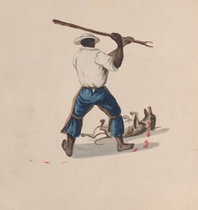 Een man van achteren gezien die een hond met een stok slaat, ca. 1848