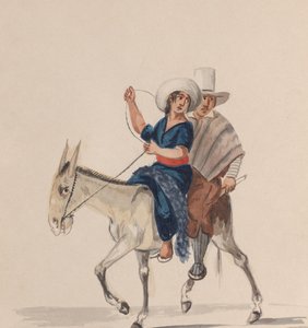 Een Indiase man en vrouw die op een ezel rijden, uit een groep tekeningen die Peruaanse...
