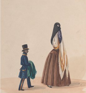 Een elegant geklede vrouw en haar page, uit een groep tekeningen die Peruaanse... voorstellen, ca. 1848 door Francisco