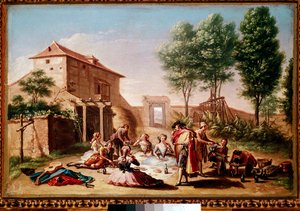 Lunch op het platteland: jongeren van de bourgeoisie houden een picknick. Schilderij door Francisco Bayeu y Subías