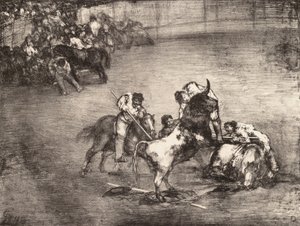 Een picador gevangen door een stier, uit de 