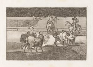 Banderillas met vuurwerk, Plaat 31 uit La tauromaquia door Francisco de Goya