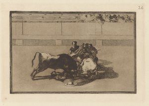 Een picador wordt van zijn paard geworpen en valt onder de stier, Plaat 26 uit La tauromaquia door Francisco de Goya