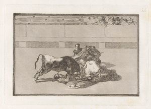 Een picador valt van zijn paard onder de stier, Plaat 26 uit La tauromaquia door Francisco de Goya