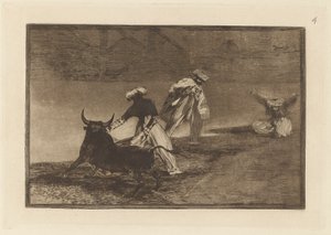 Ze spelen een ander met de cape in de omheining, Plaat 4 uit La tauromaquia door Francisco de Goya