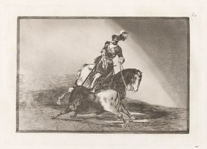 Carlos V. steekt een stier in de arena van Valladolid, Plaat 10 uit La tauromaquia door Francisco de Goya