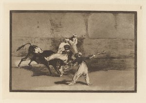 Een Moor gevangen door de stier in de arena, Plaat 8 uit La tauromaquia door Francisco de Goya