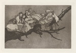 Belachelijke dwaasheid, ook bekend als Tussen de takken gaan, uit de serie Los disparates (Los proverbios) door Francisco de Goya