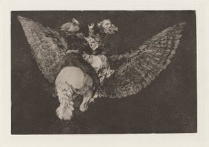 Disparate volante (Vliegende Dwaasheid), ook bekend als Reniego al amigo que cubre con las alas y muerde con el pico (Verloochen de Vriend Die Je Bedekt met Zijn Vleugels en Je Bijt met Zijn Snavel), uit de serie Los disparates (Los proverbios) door Francisco de Goya