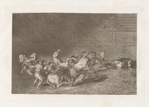 Twee teams van picadors geworpen de een na de ander door een enkele stier, Plaat 32 uit La tauromaquia door Francisco de Goya