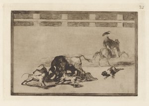 Echan perros al toro, Plaat 25 uit La tauromaquia door Francisco de Goya