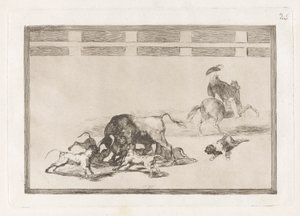Echan perros al toro (Ze laten honden los op de stier), Plaat 25 uit La tauromaquia door Francisco de Goya