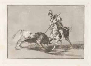 El Cid Campeador die een Andere Stier Lans, Plaat 11 uit La tauromaquia door Francisco de Goya