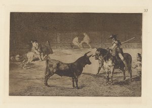 El célebre Fernando del Toro, barilarguero, obligando a la fiera con su garrocha (De Beroemde Picador, Fernando del Toro, Lokt het Woeste Beest met zijn Piek), Plaat 27 uit La tauromaquia