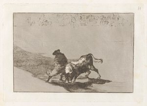 El diestrísimo estudiante de Falces, embozado burla al toro con sus quiebros (De zeer bekwame student van Falces, gewikkeld in zijn cape, bedriegt de stier met het spel van zijn lichaam), Plaat 14 uit La tauromaquia door Francisco de Goya