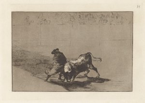 El diestrísimo estudiante de Falces, embozado burla al toro con sus quiebros, Plaat 14 uit La tauromaquia door Francisco de Goya
