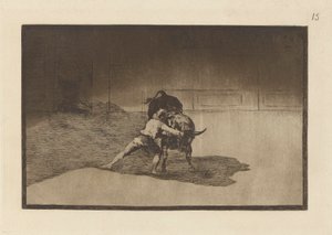 De beroemde Martincho plaatst de banderillas met de beweging van zijn lichaam, Plaat 15 uit La tauromaquia door Francisco de Goya