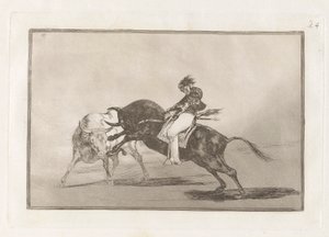 El mismo Ceballos montado sobre otro toro quiebra rejones en la plaza de Madrid (Dezelfde Ceballos op een andere stier breekt korte speren in de arena van Madrid), Plaat 24 uit La tauromaquia door Francisco de Goya