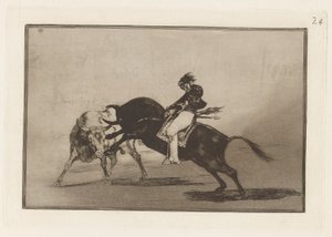 El mismo Ceballos montado sobre otro toro quiebra rejones en la plaza de Madrid (Dezelfde Ceballos op een andere stier breekt korte speren in de ring van Madrid), Plaat 24 uit La tauromaquia door Francisco de Goya