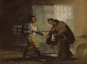 Broeder Pedro biedt schoenen aan El Maragato en bereidt zich voor om zijn geweer opzij te duwen door Francisco de Goya