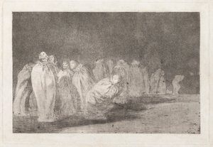 Los ensacados (De Mannen in Zakken), ook bekend als So el sayal, hay al (Er is iets onder het Zakkenkleed), uit de serie Los disparates (Los proverbios) door Francisco de Goya