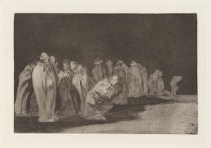 Los ensacados (De mannen in zakken), ook bekend als So el sayal, hay al (Er is iets onder het boetekleed), uit de serie Los disparates (Los proverbios) door Francisco de Goya