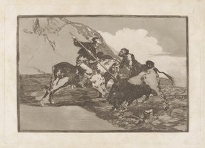 De Manier waarop de Oude Spanjaarden Stieren Jaagden te Paard in het Open Veld, Plaat 1 uit La tauromaquia door Francisco de Goya