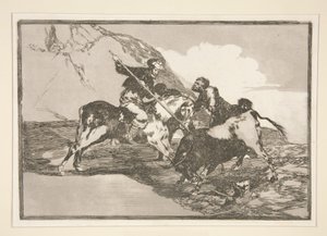 De manier waarop de oude Spanjaarden stieren te paard in het open veld jaagden, pl. 1 uit de serie La tauromaquia door Francisco de Goya