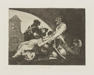 Ni por esas., pl. 11 uit de serie Los desastres de la guerra door Francisco de Goya