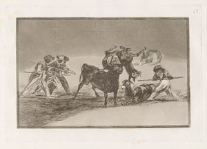 De Moren gebruiken ezels als barrière om zichzelf te verdedigen tegen de stier waarvan de hoorns zijn voorzien van ballen, Plaat 17 uit La tauromaquia door Francisco de Goya