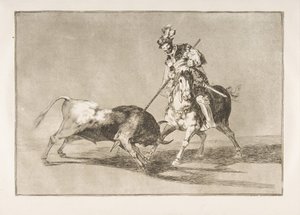 Plaat 11 uit de Tauromaquia: De Cid campeador steekt een andere stier, 1816