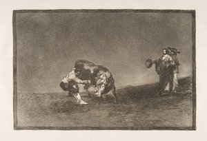 Plaat 16 van de Tauromaquia: Dezelfde man werpt een stier in de arena in Madrid, 1816 door Francisco de Goya