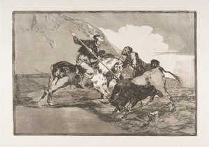 De manier waarop de oude Spanjaarden stieren te paard jaagden, uit The Tauromaquia door Francisco de Goya