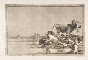 Plaat 21 uit de Tauromaquia: Verschrikkelijke gebeurtenissen in de voorste rijen van de arena in Madrid, 1816 door Francisco de Goya