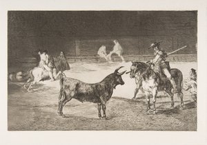 Plaat 27 uit de Tauromaquia: De beroemde picador, Fernando del Toro, trekt de fier... door Francisco de Goya