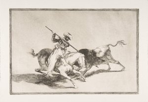 Plaat 5 uit De Tauromaquia: De vurige Moor Gazul is de eerste die stieren spiest, 1816