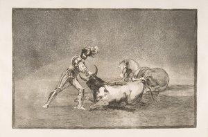 Plaat 9 van de Tauromaquia: Een Spaanse ridder doodt de stier nadat hij zijn paard heeft verloren, 1816 door Francisco de Goya